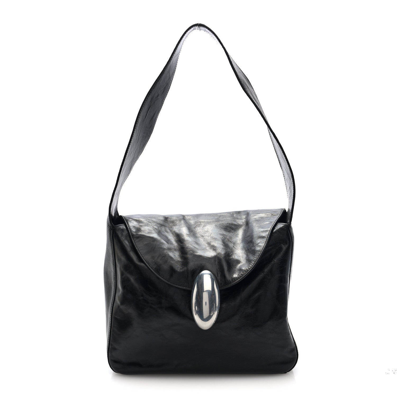 Crackle Patent Calfskin Medium Dome Slouchy Hobo Black