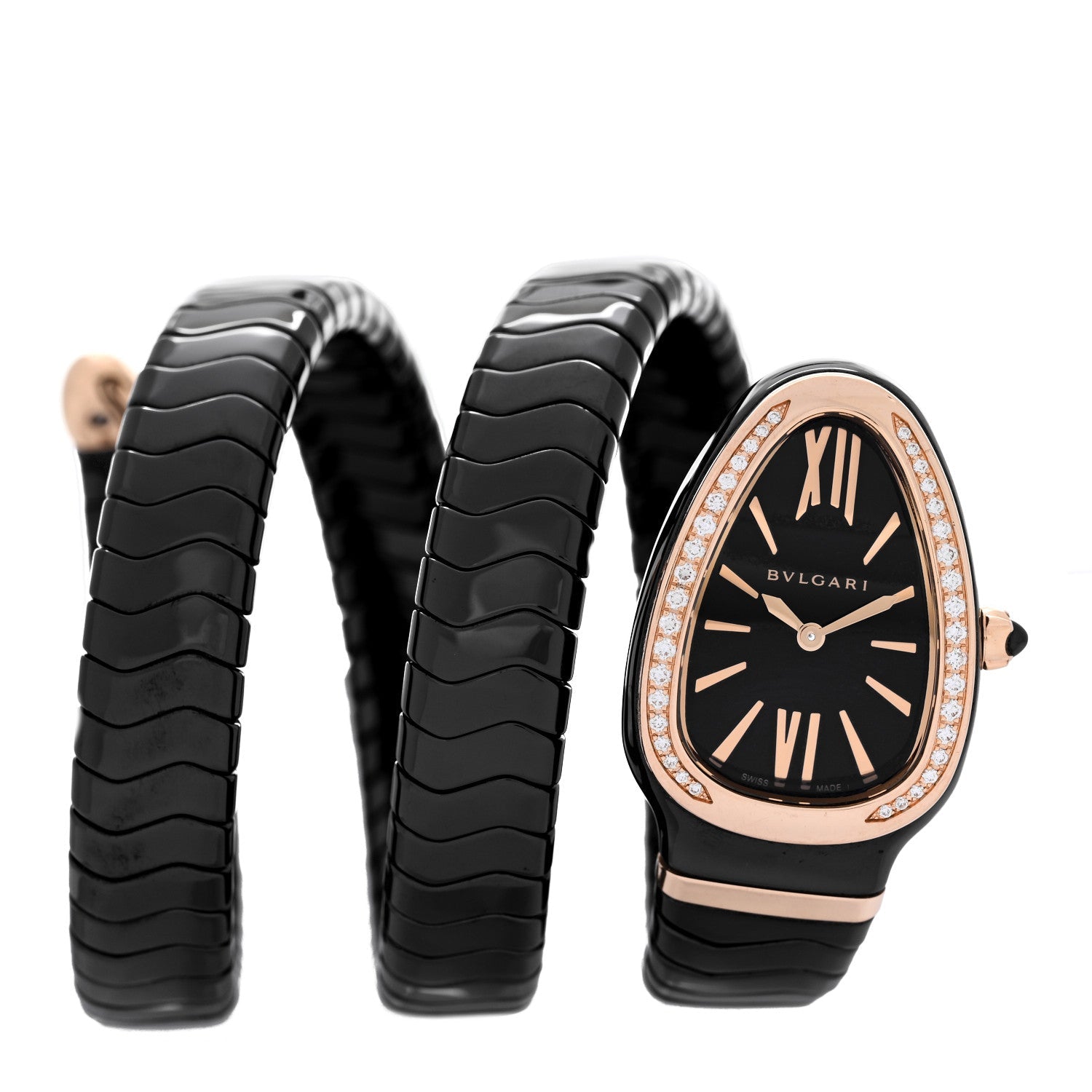 18K Rose Gold Ceramic Diamond Bezel 35mm Serpenti Tubogas Double Spiral Quartz Watch Black
