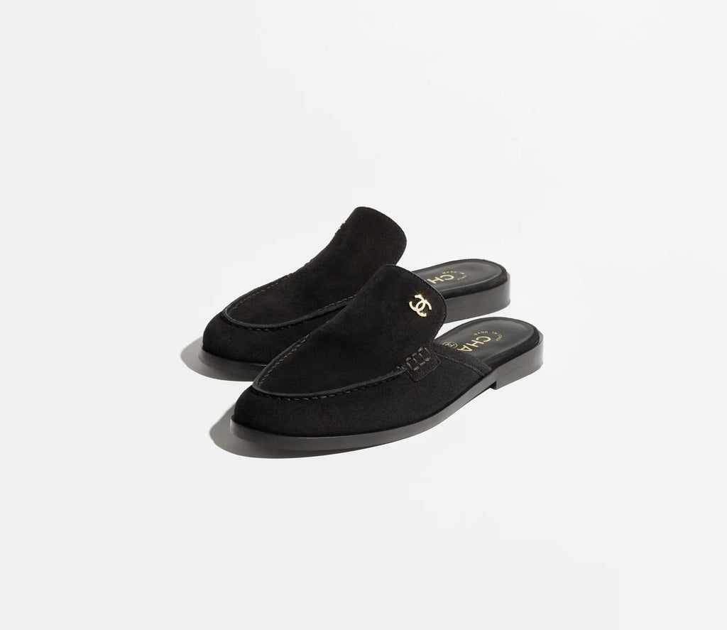 Pair of black loafers on a white background