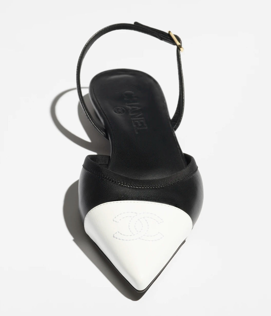 Slingbacks - Iridescent lambskin & lambskin, black & white — Fashion | CHANEL