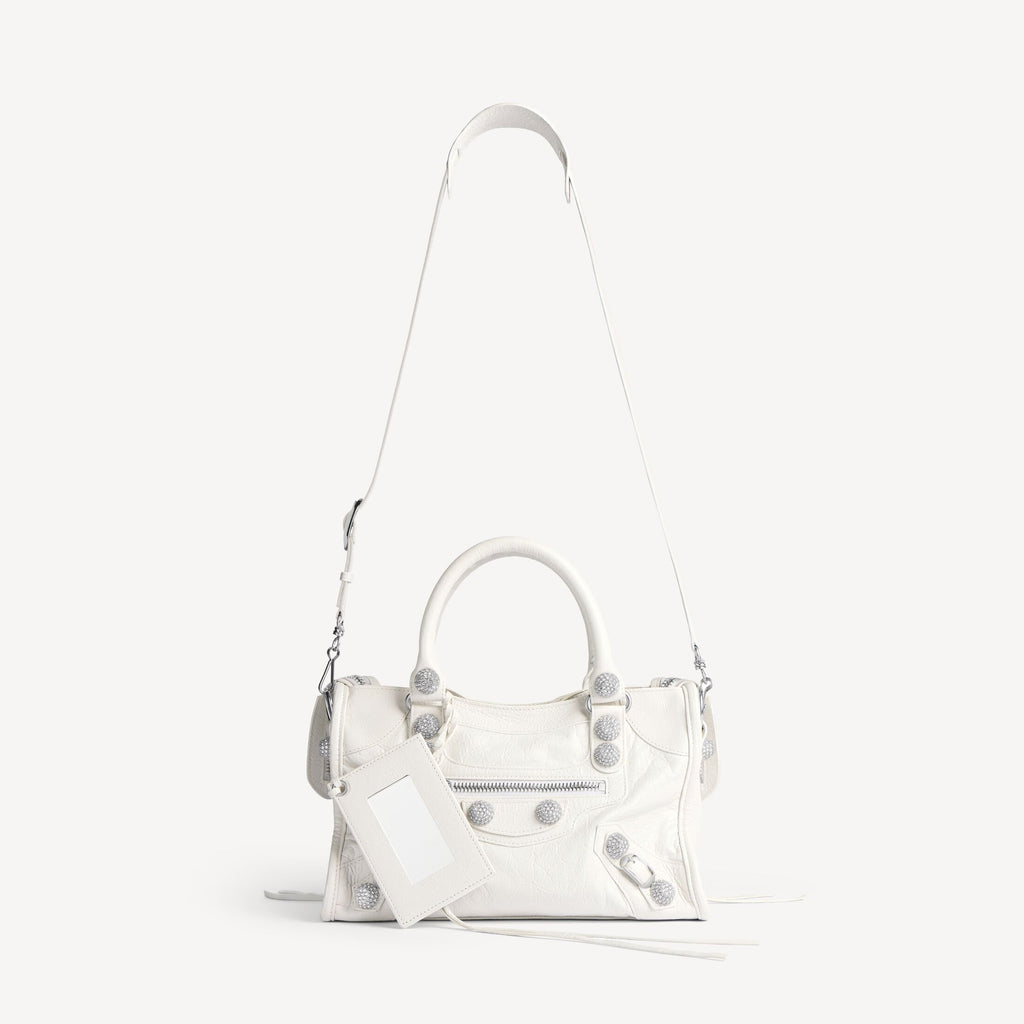 BALENCIAGA Women's Le City Bag Small Giant Studs With Rhinestones in Optic White