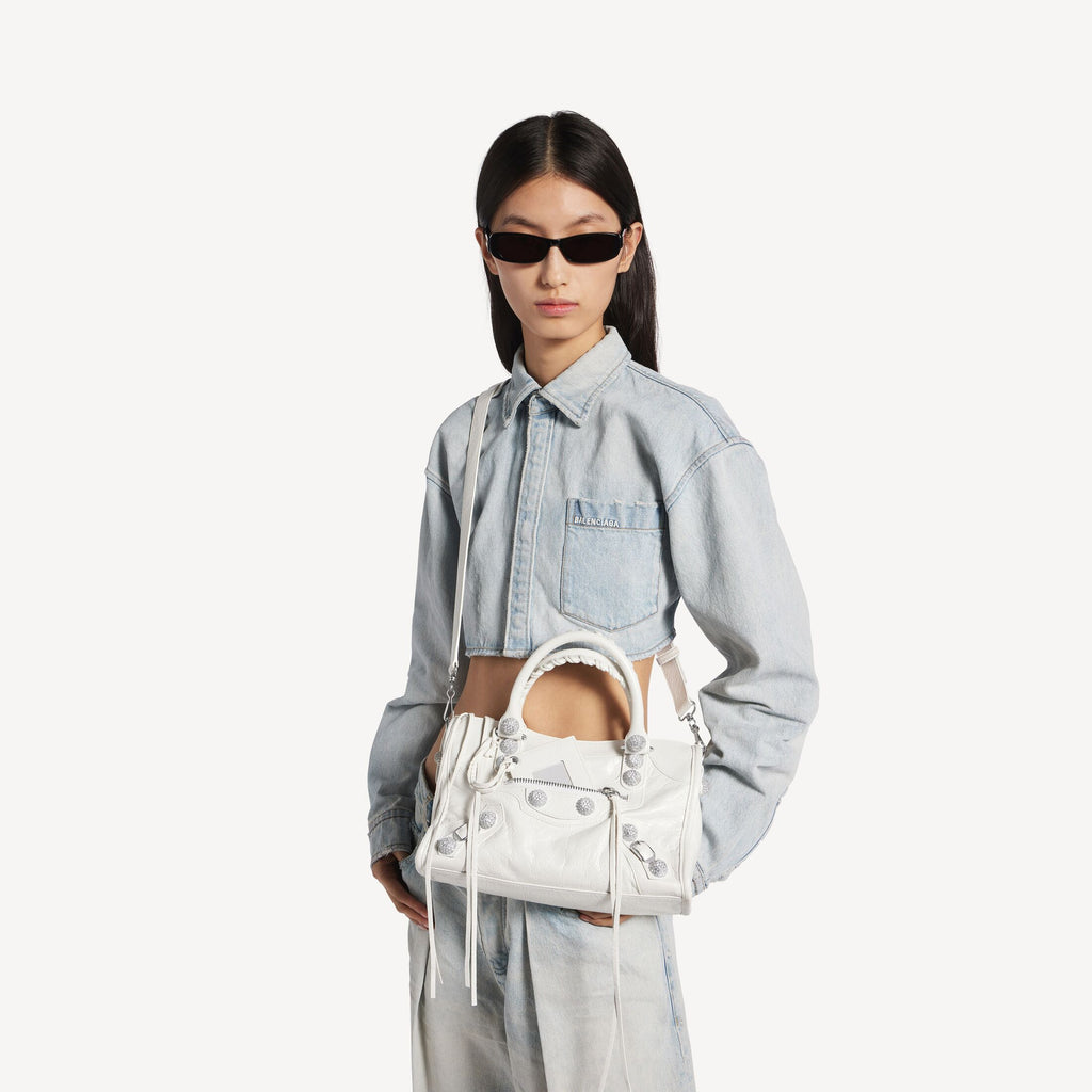 BALENCIAGA Women's Le City Bag Small Giant Studs With Rhinestones in Optic White