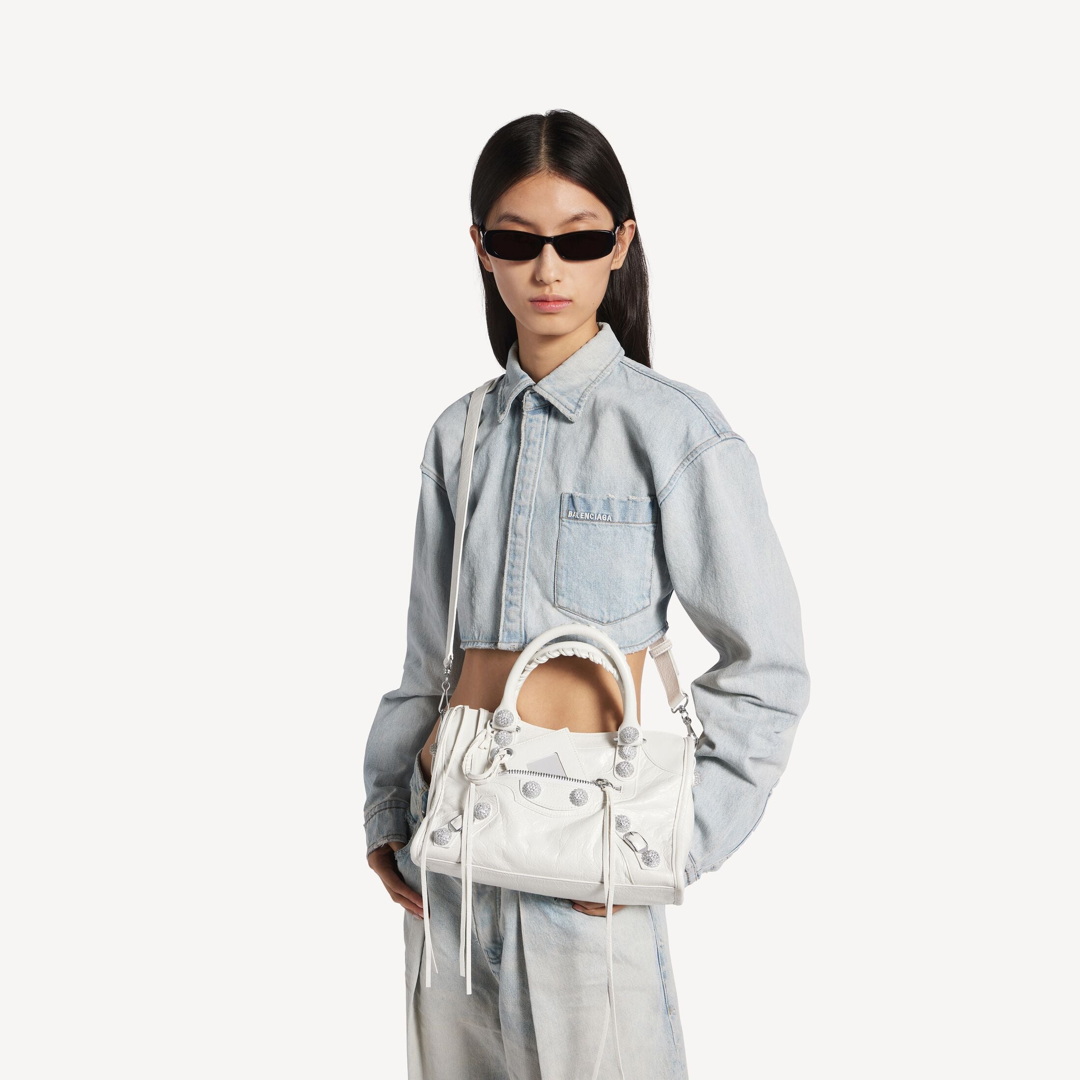 BALENCIAGA Women's Le City Bag Small Giant Studs With Rhinestones in Optic White