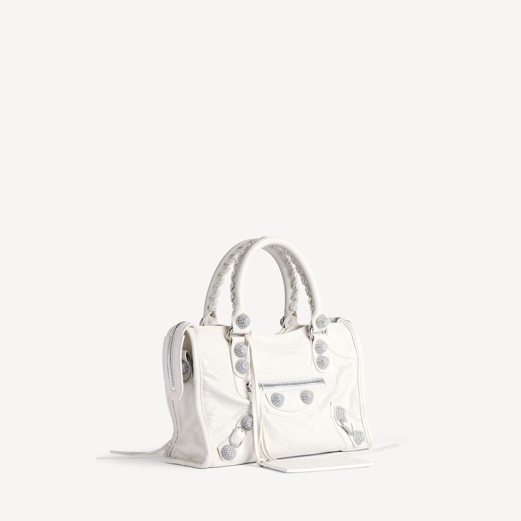 BALENCIAGA Women's Le City Bag Small Giant Studs With Rhinestones in Optic White