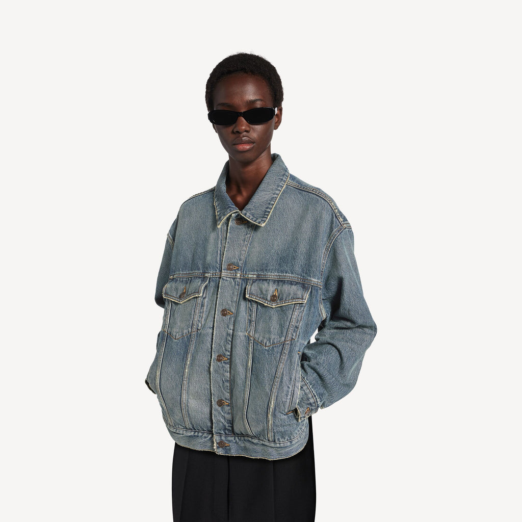 BALENCIAGA Women's Kick Denim Jacket in Dirty Vintage Blue