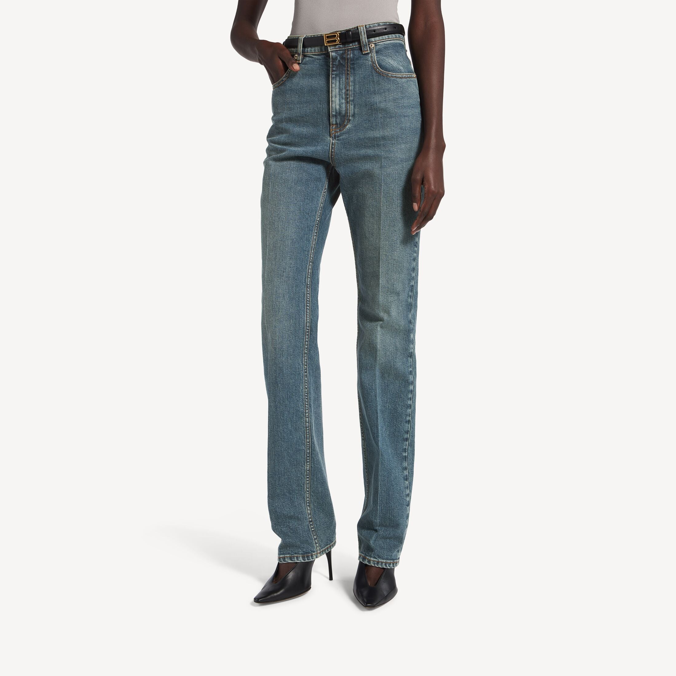 BALENCIAGA Women's High Waist Slim Jeans in Dirty Vintage Blue