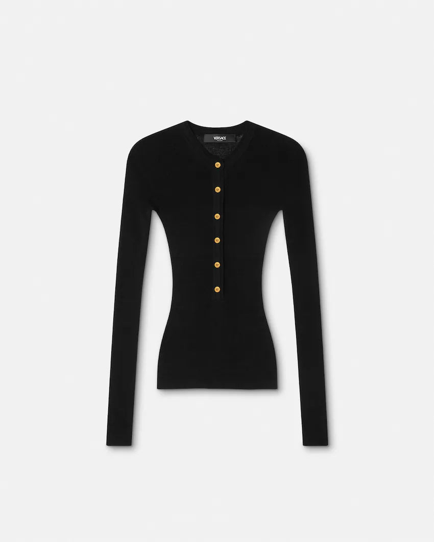 Versace Merino Wool Ribbed Knit Henley Top