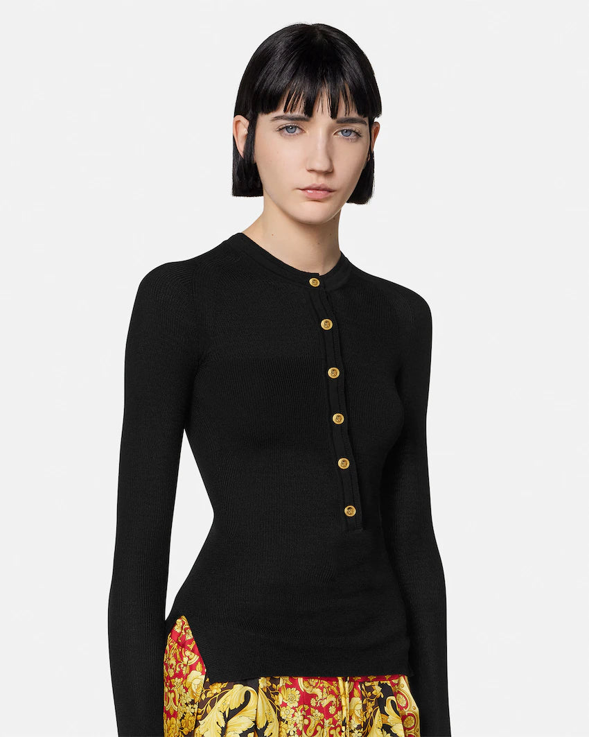 Versace Merino Wool Ribbed Knit Henley Top