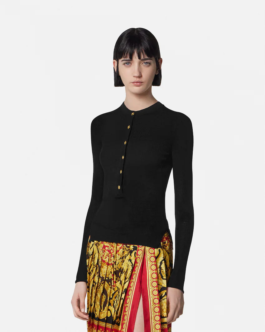 Versace Merino Wool Ribbed Knit Henley Top
