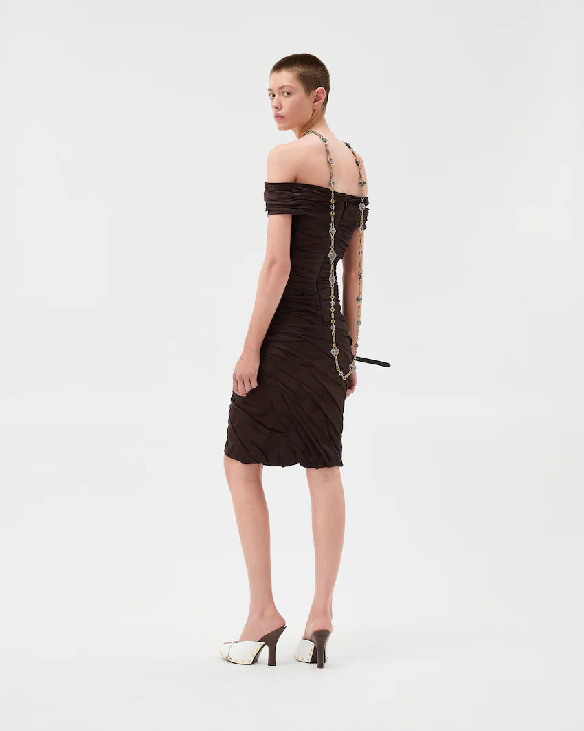 Versace Draped Envers-Satin Off-Shoulder Midi Dress