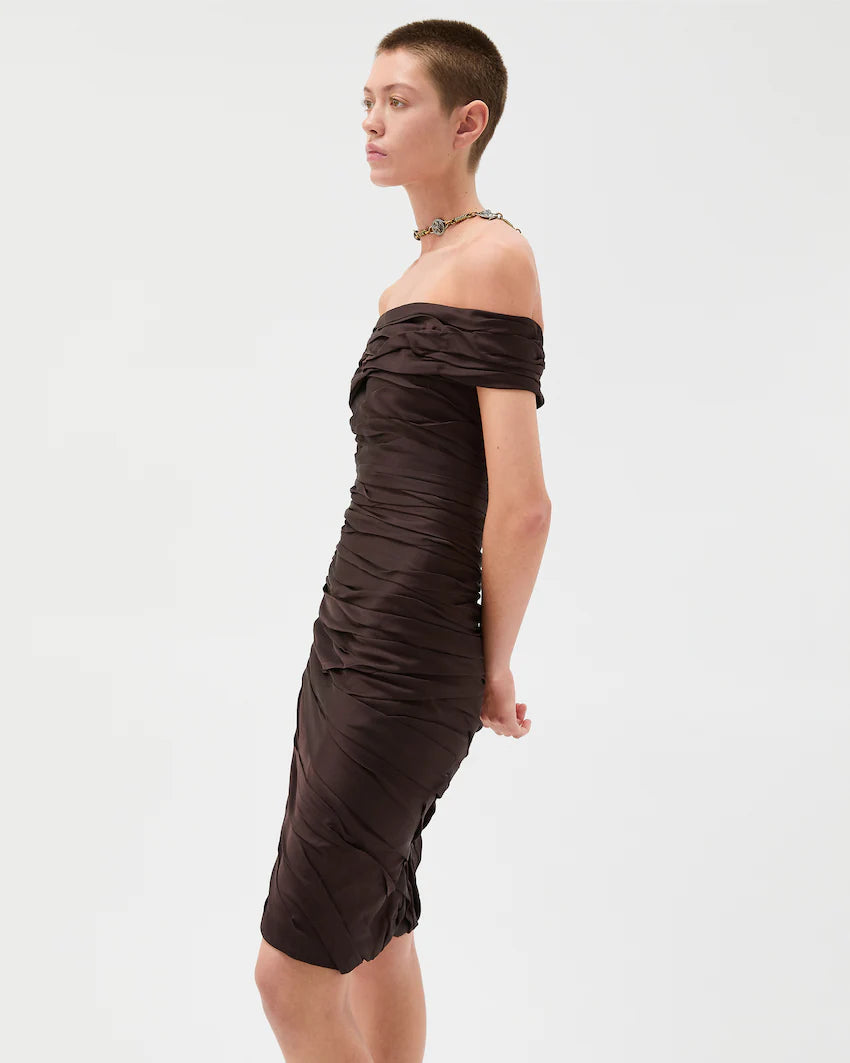 Versace Draped Envers-Satin Off-Shoulder Midi Dress