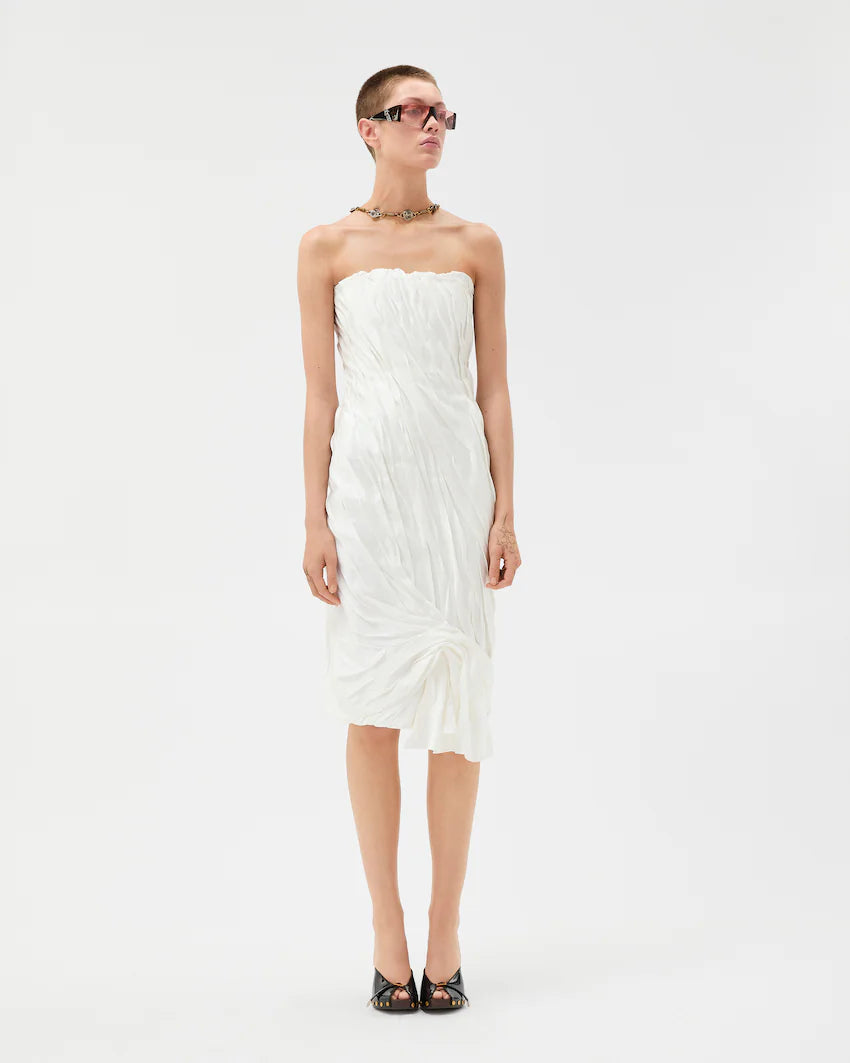 Versace Draped Envers-Satin Strapless Midi Dress