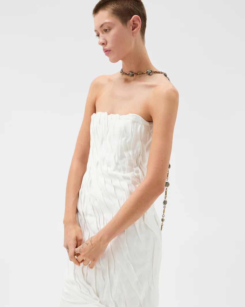 Versace Draped Envers-Satin Strapless Midi Dress