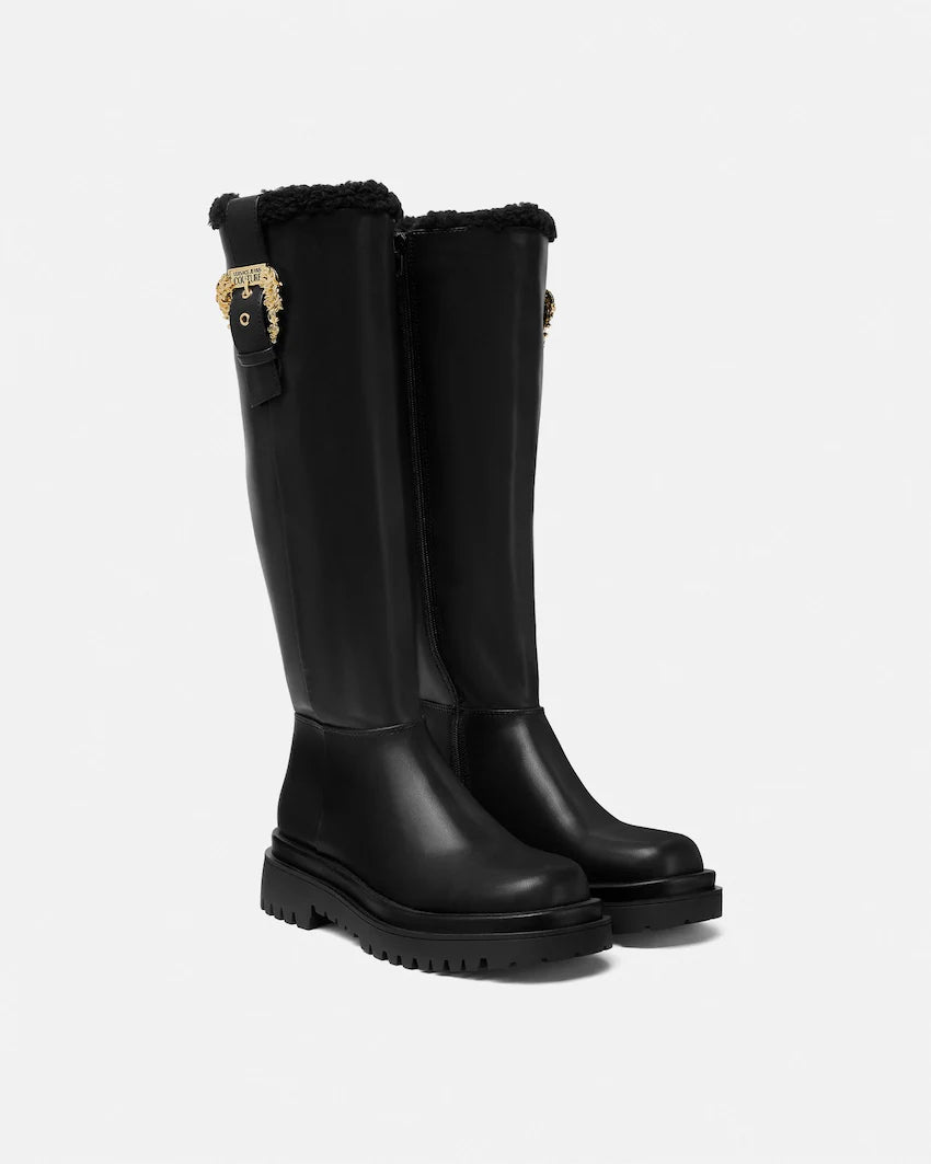 Versace Drew Baroque Buckle Knee-High Boots