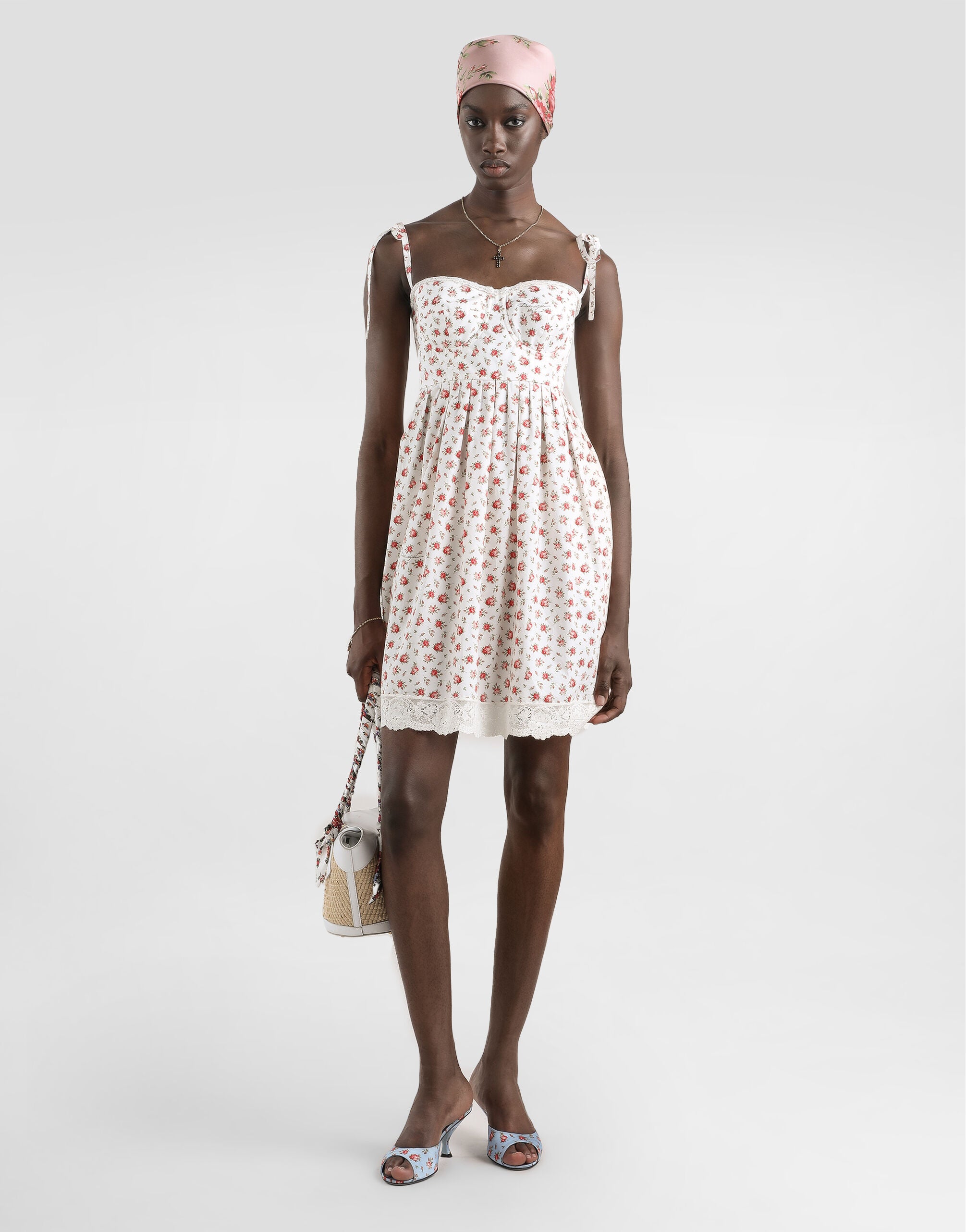DOLCE & GABBANA Small rose-print short poplin dress