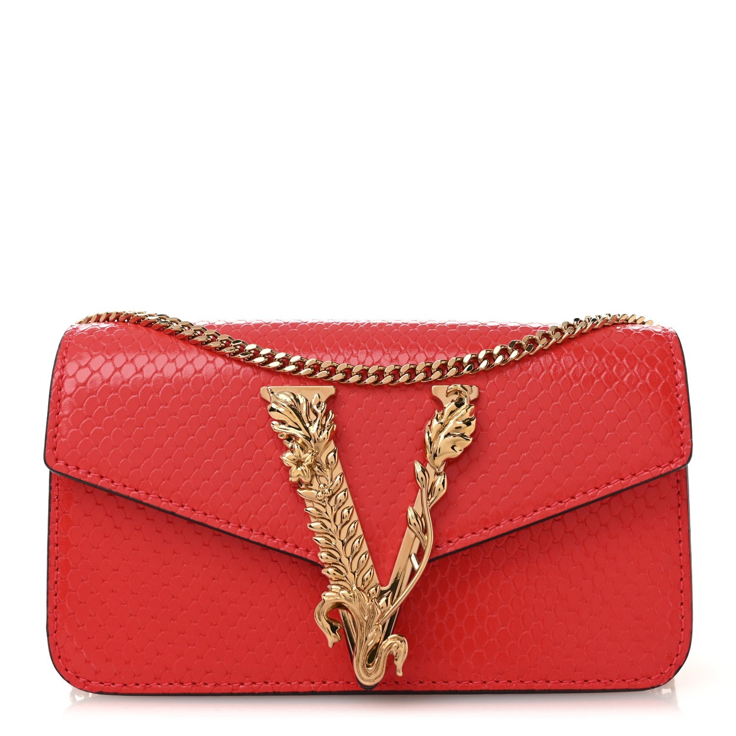 Calfskin Snakeskin Embossed Virtus Mini Chain Crossbody Red