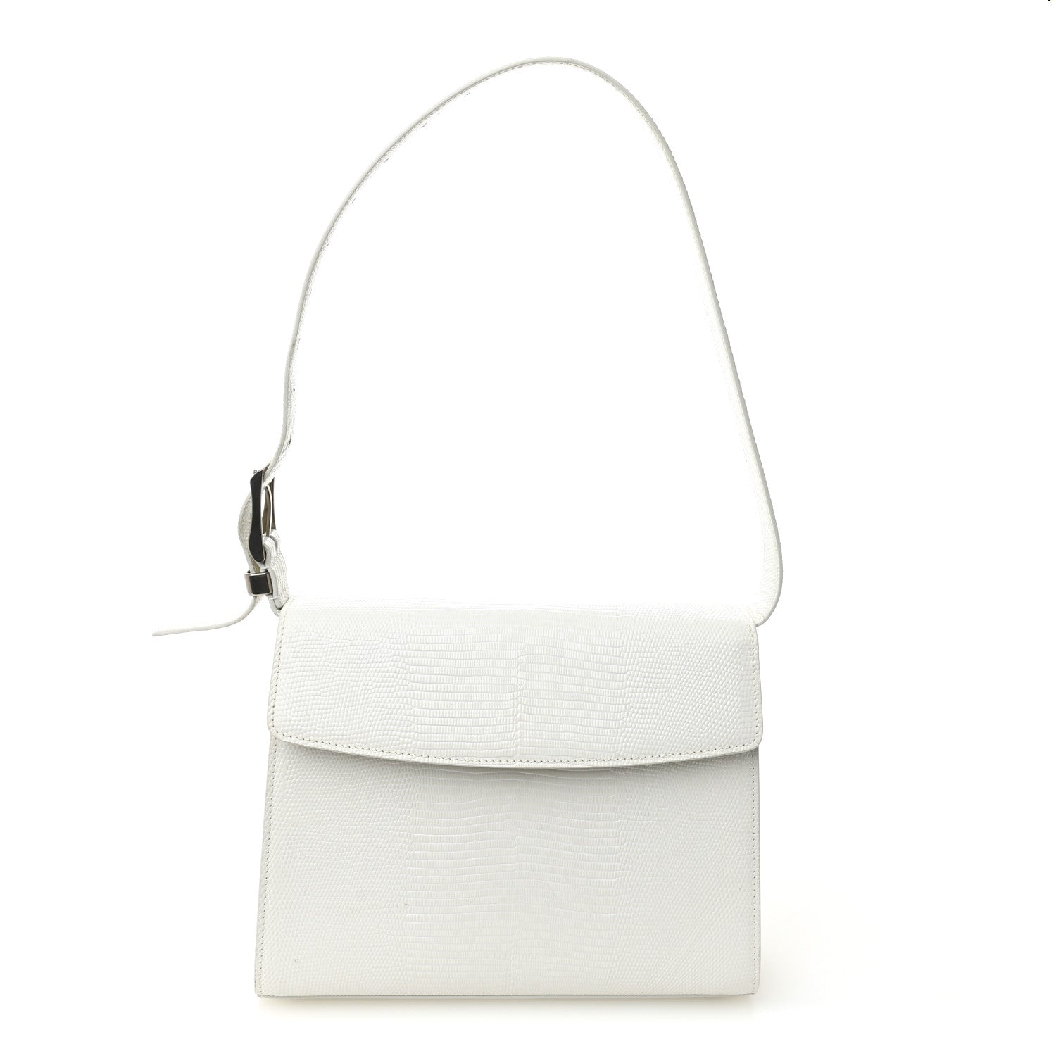 Patent Calfskin Lizard Embossed Medium Ghost Shoulder Bag Optic White