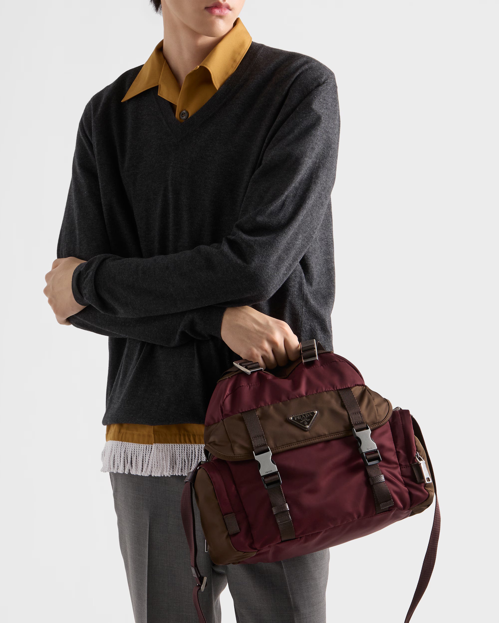 Re-Nylon and leather shoulder bag