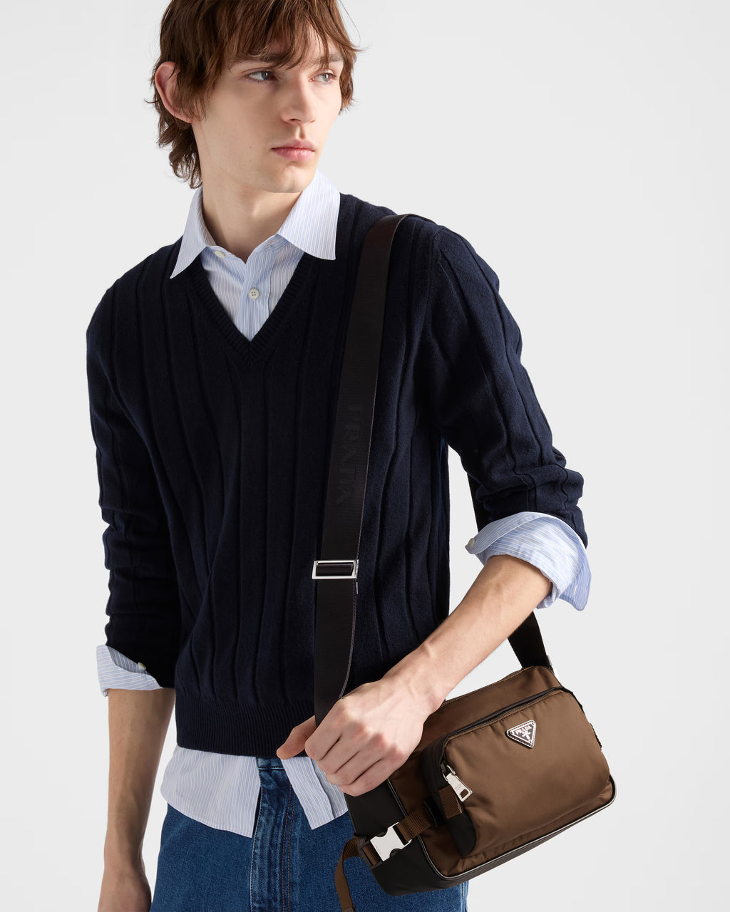 Re-Nylon and leather shoulder bag