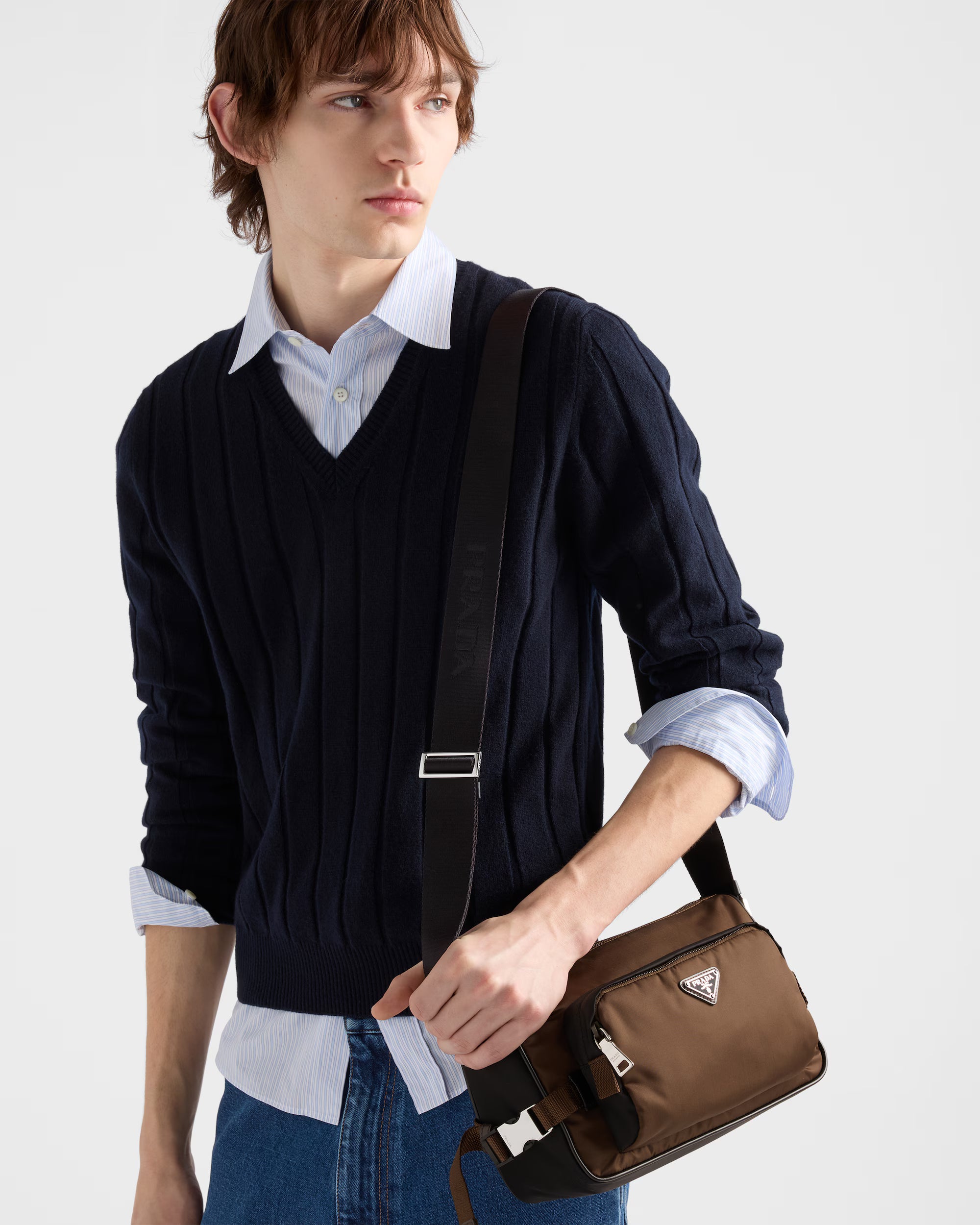 Re-Nylon and leather shoulder bag