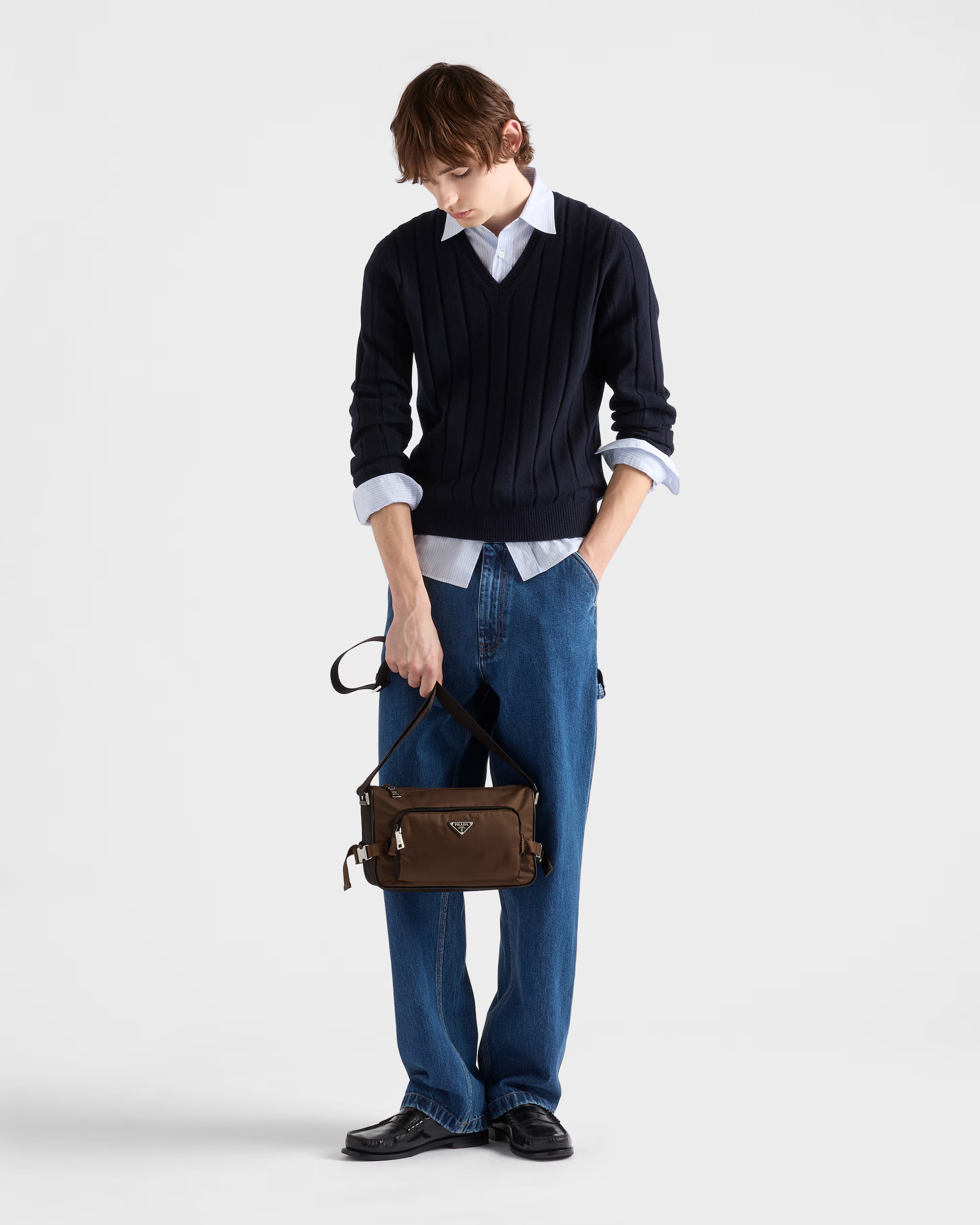 Re-Nylon and leather shoulder bag