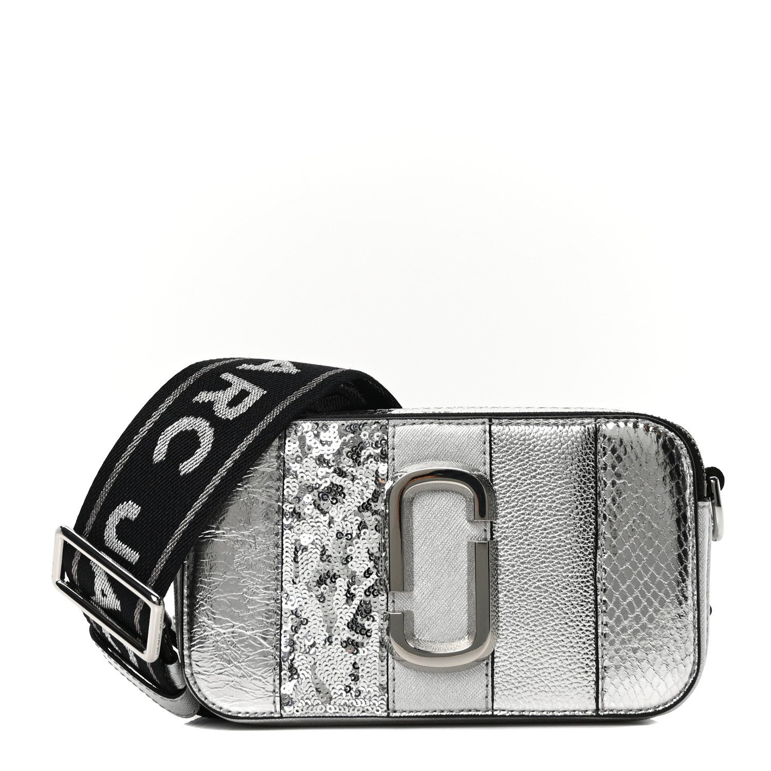 Metallic Sequin Snake Embossed Calfskin Stripe Snapshot Camera Bag Silver