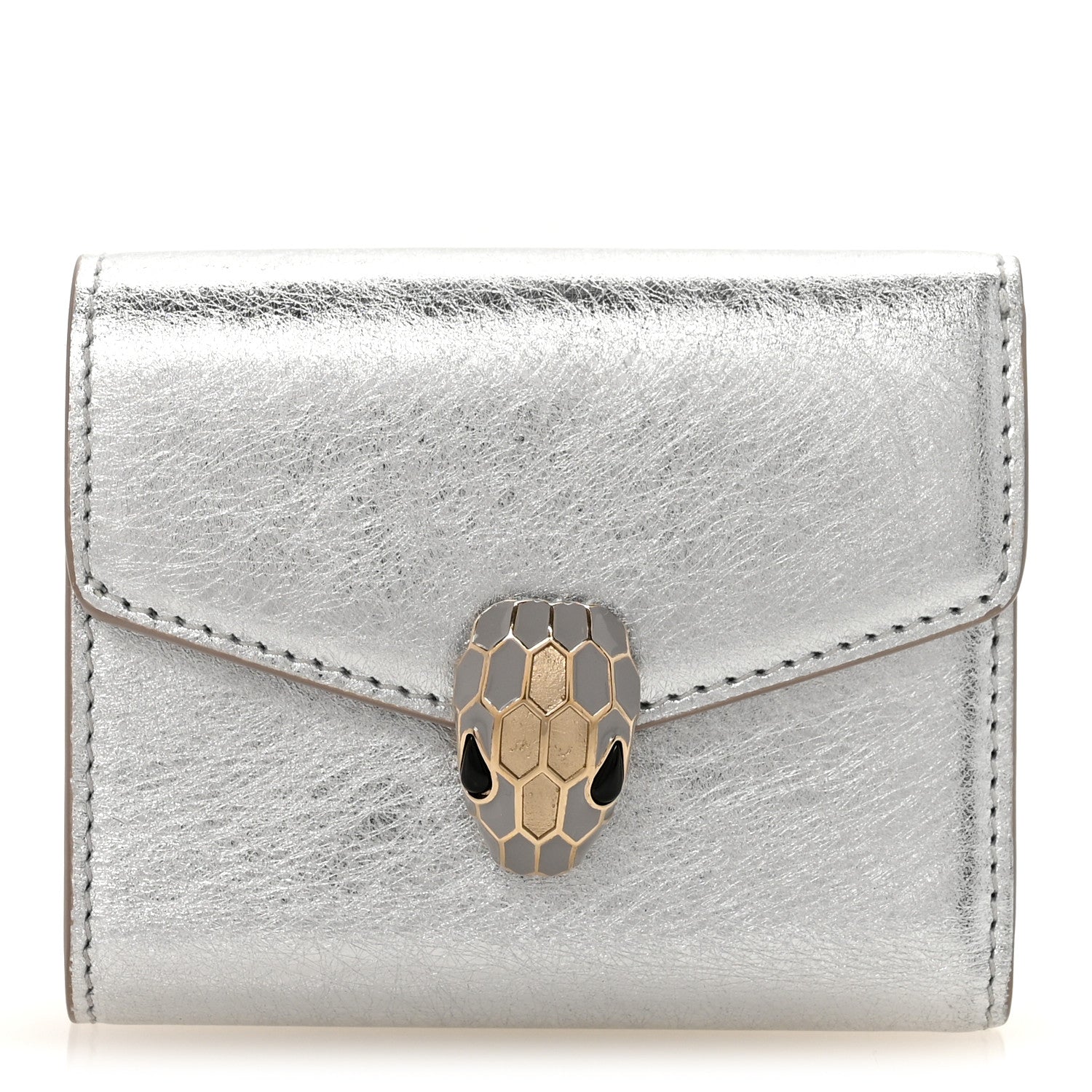 Metallic Calfskin Serpenti Forever Tri-Fold Wallet Silver