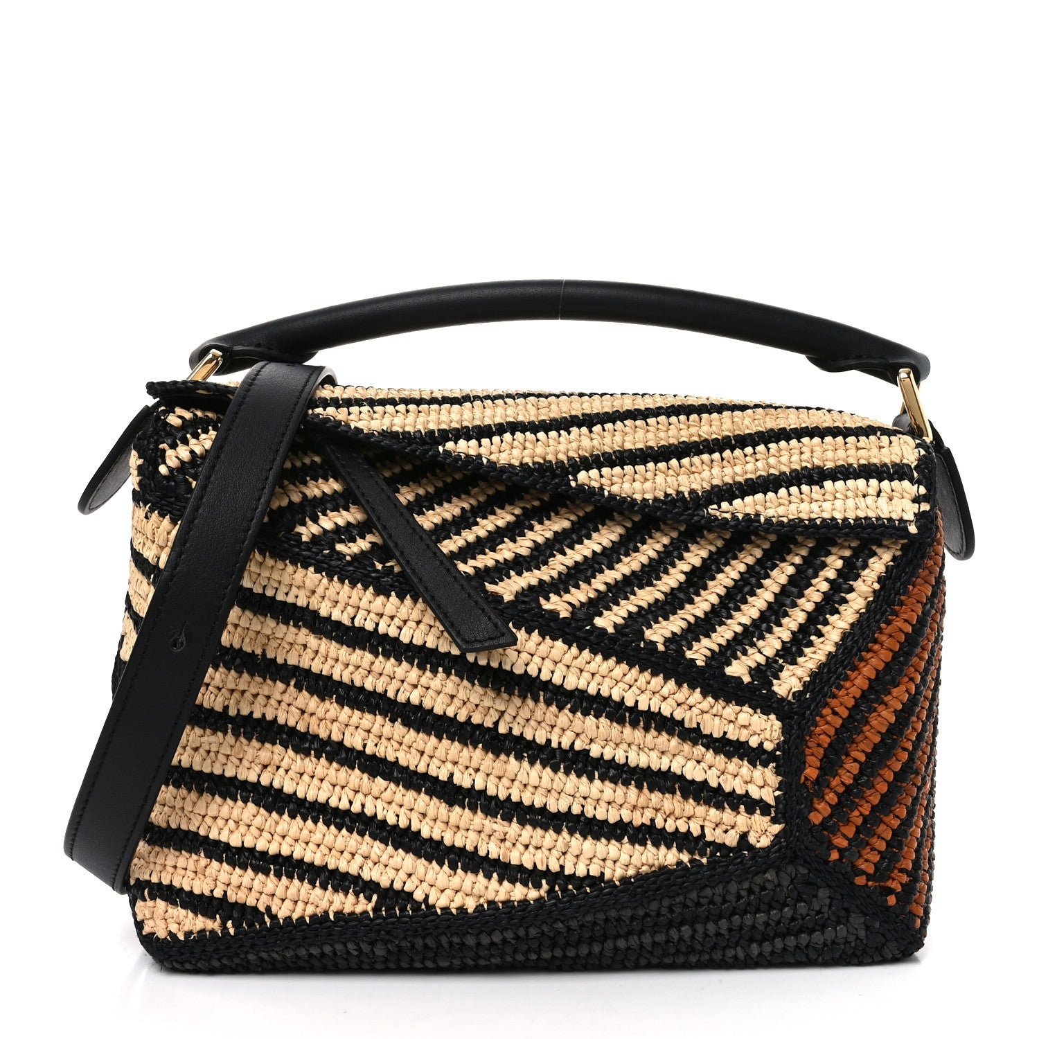 Calfskin Raffia Paula's Ibiza Small Puzzle Edge Bag Natural Honey Gold