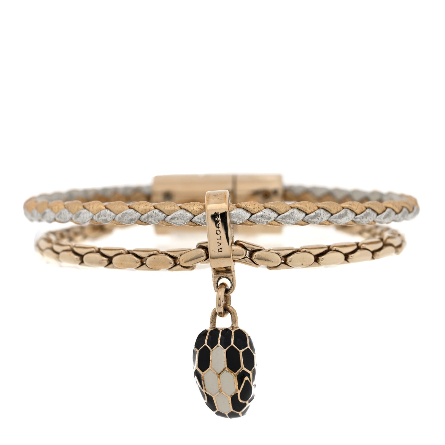 Metallic Calfskin Braided Brass Enamel Serpenti Forever Double Coil Bracelet Gold Silver