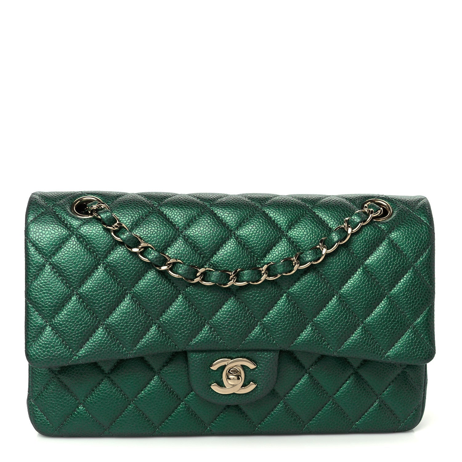 Metallic Caviar Quilted Medium Double Flap Green
